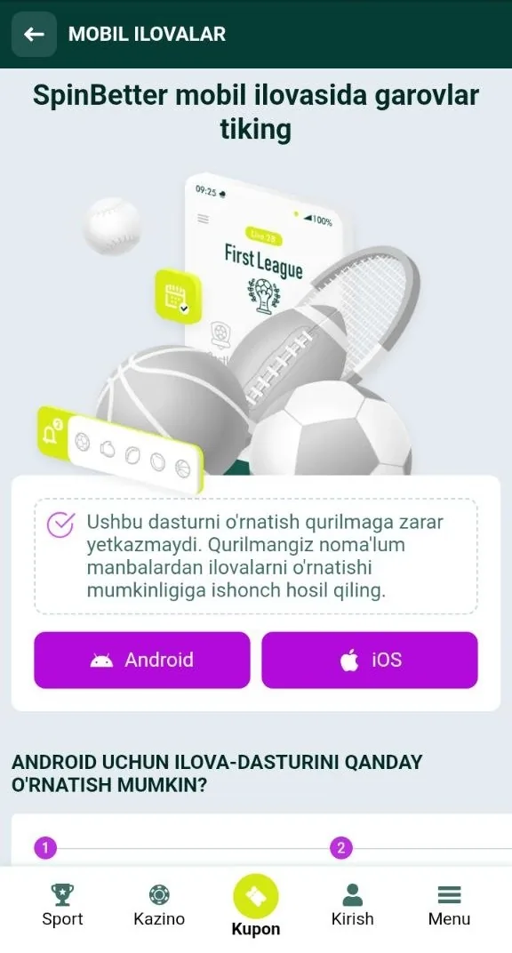 SpinBetter apk — mobil ilovani yuklab olish sahifasi