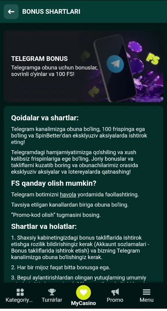 SpinBetter free spins — bepul aylanishlar ekrani