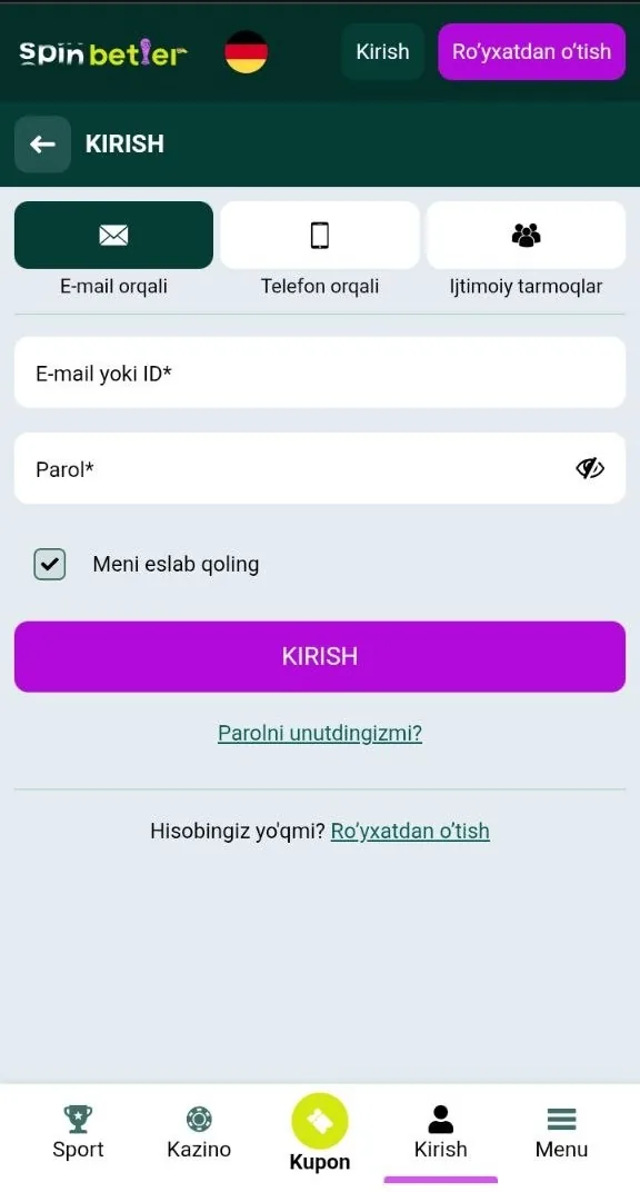 SpinBetter kirish — shaxsiy kabinetga kirish formasi