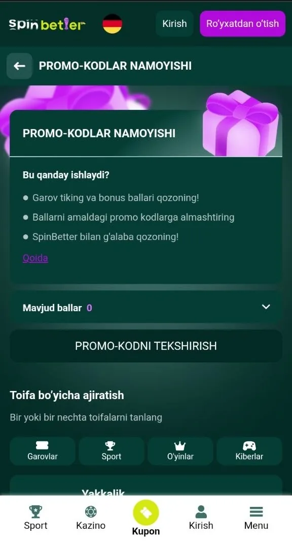 SpinBetter promo code — anketadagi promo kod maydoni