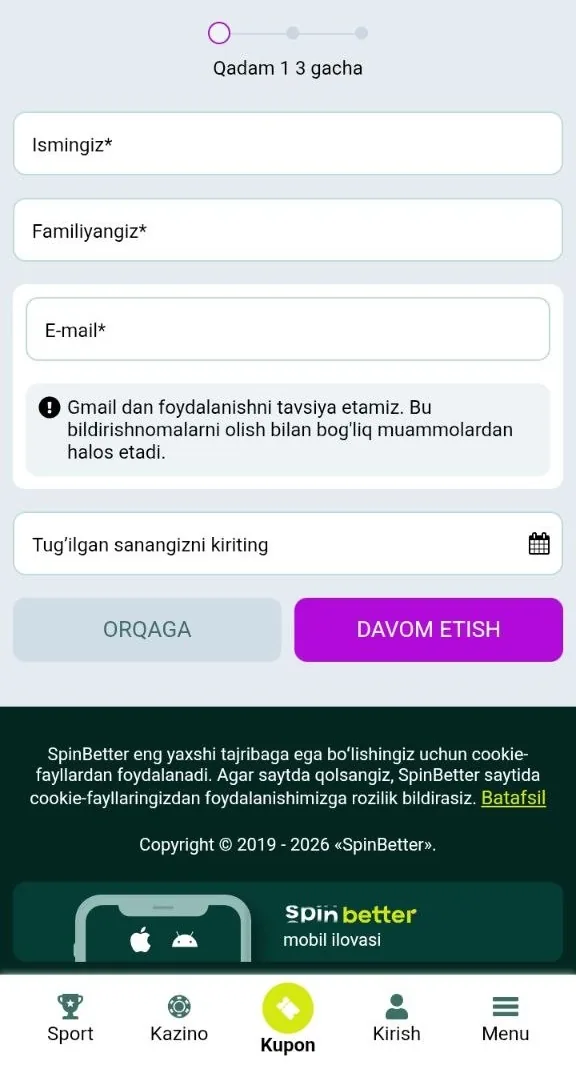 SpinBetter registration — valyuta tanlovi bilan hisob ochish formasi