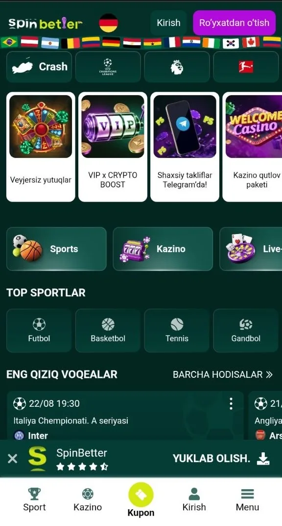 SpinBetter UZ — kazino bosh sahifasi sport va slot boʻlimlari bilan